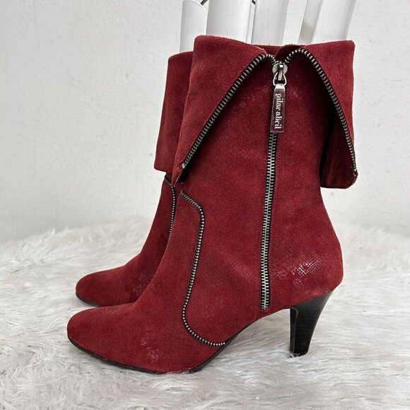 Pilar Avril Red Leather Zipper Boots High Heels Fold Over Size 40 EU 8.5-9 US - Picture 2 of 10